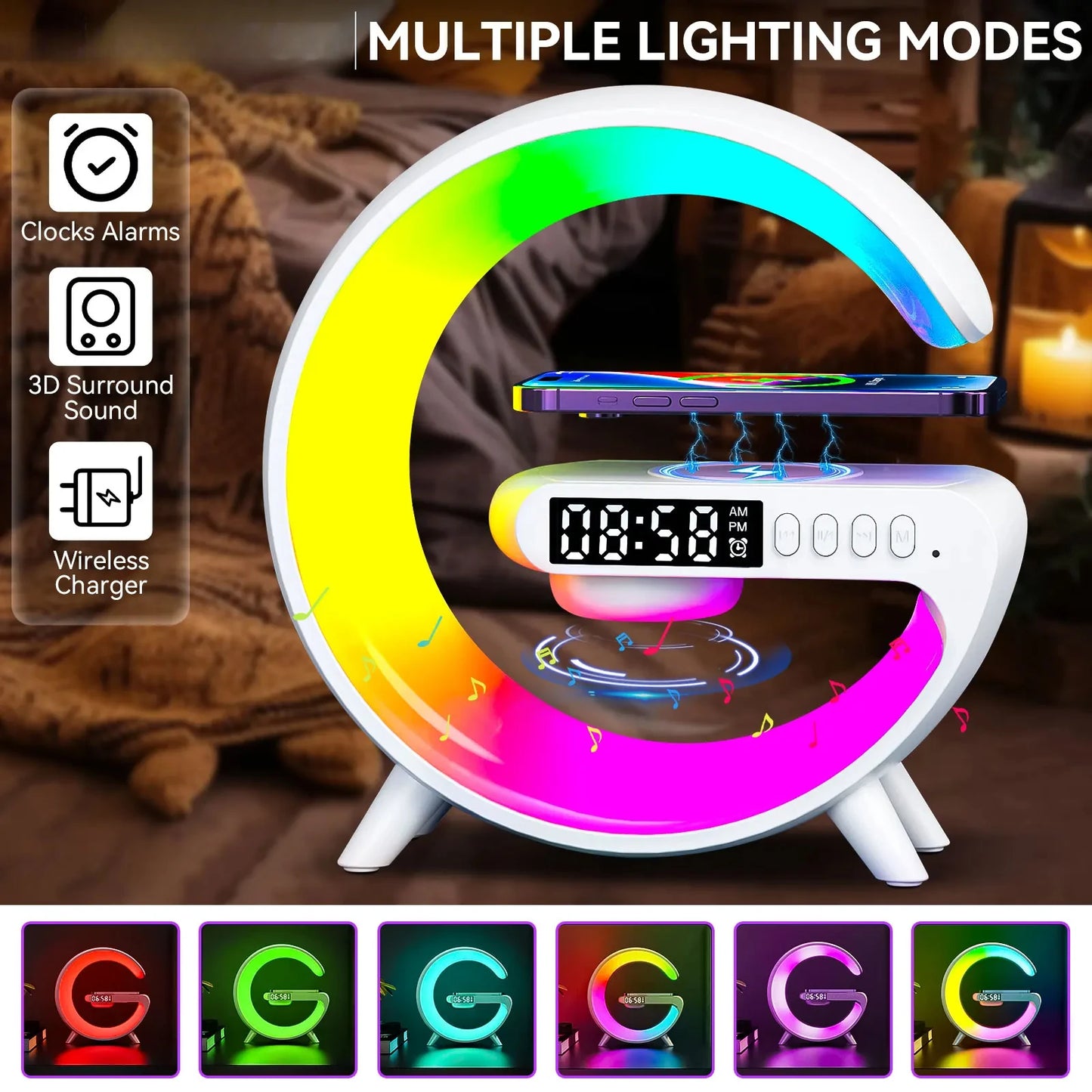 5-in-1 RGB Wireless Charging Station: LED Night Lamp, Alarm Clock & Speaker