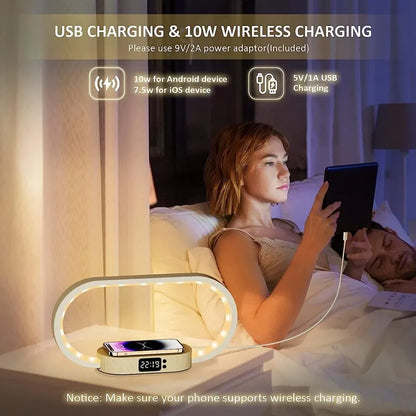 Elegant Dimmable Bedside Lamp with Wireless Charging and Clock