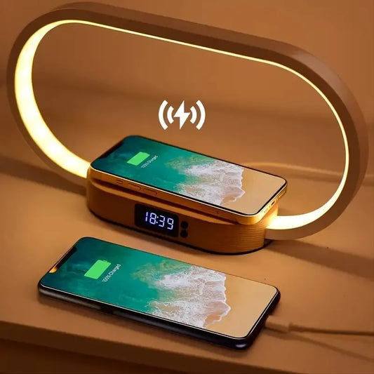 Elegant Dimmable Bedside Lamp with Wireless Charging and Clock