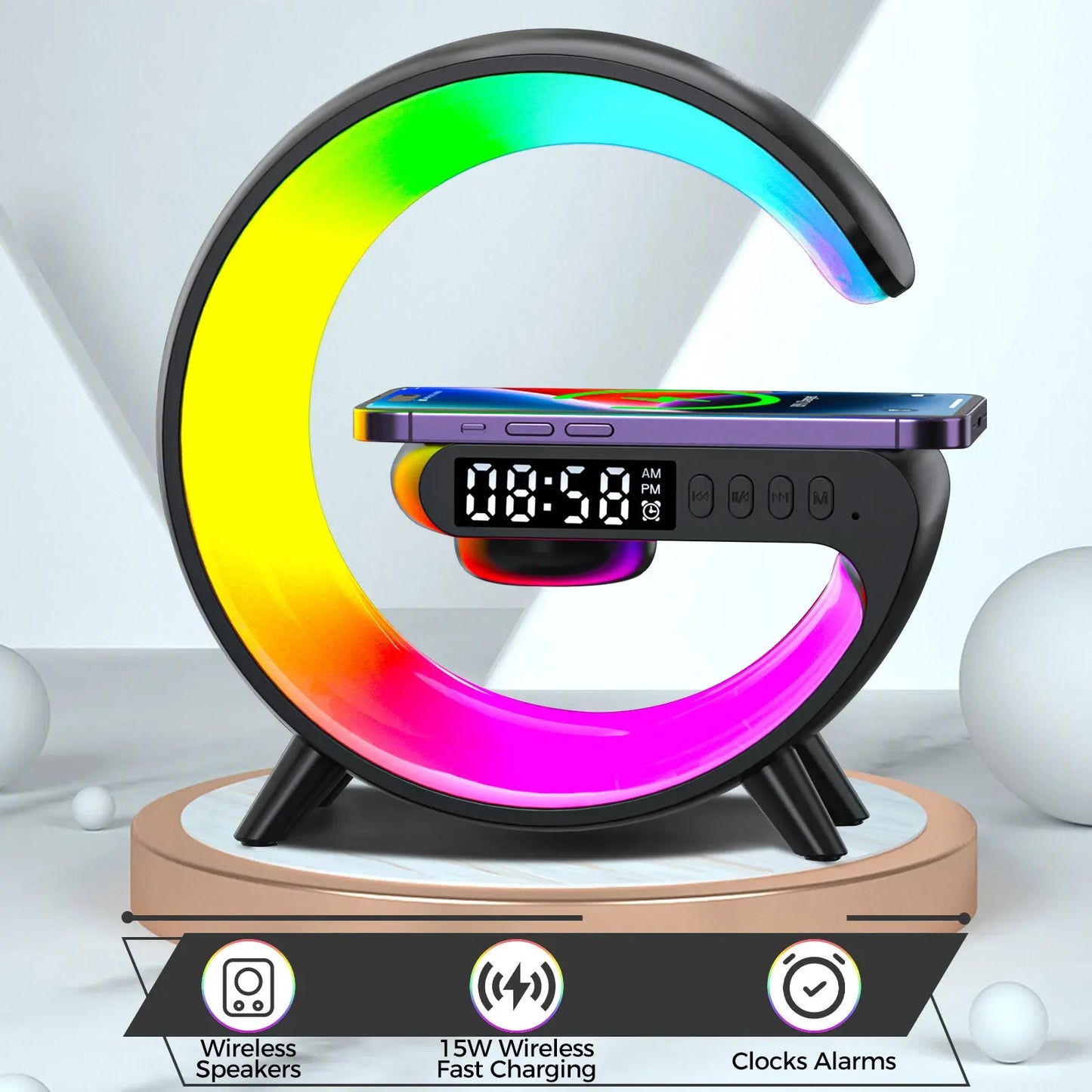 5-in-1 RGB Wireless Charging Station: LED Night Lamp, Alarm Clock & Speaker