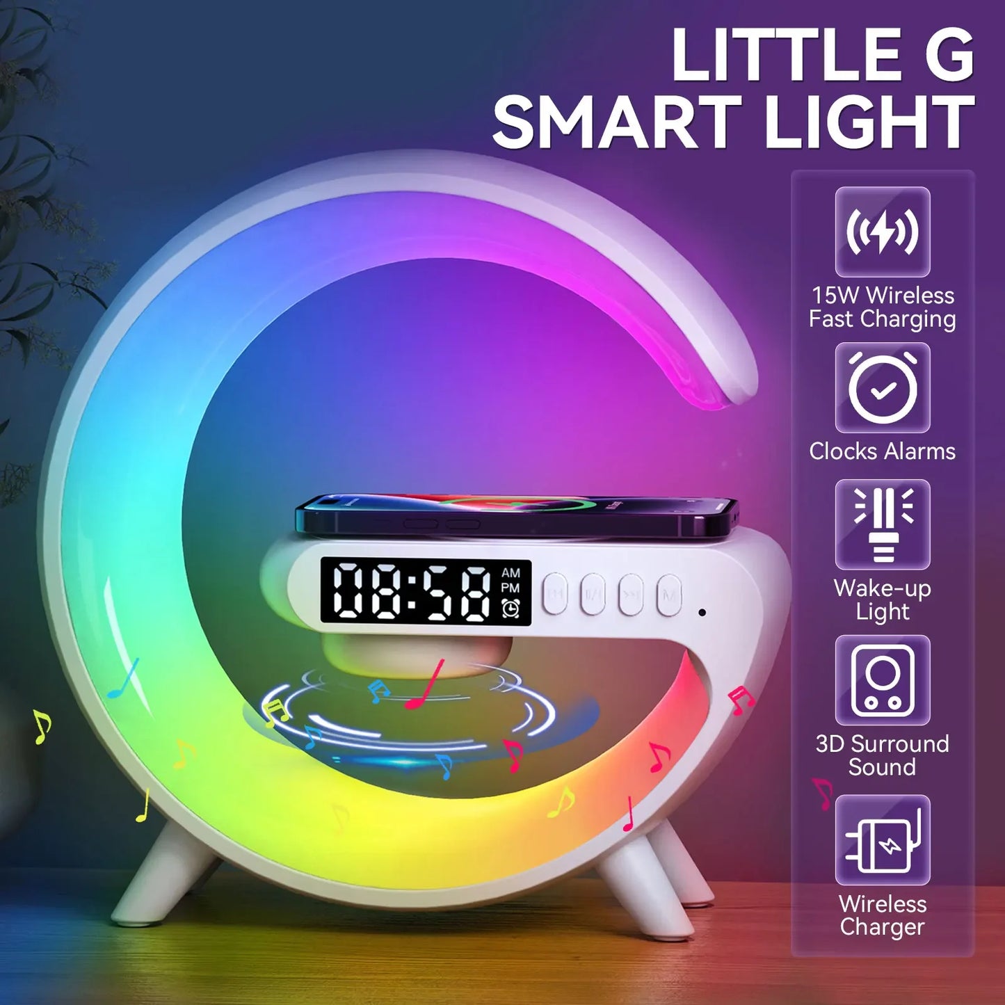 5-in-1 RGB Wireless Charging Station: LED Night Lamp, Alarm Clock & Speaker