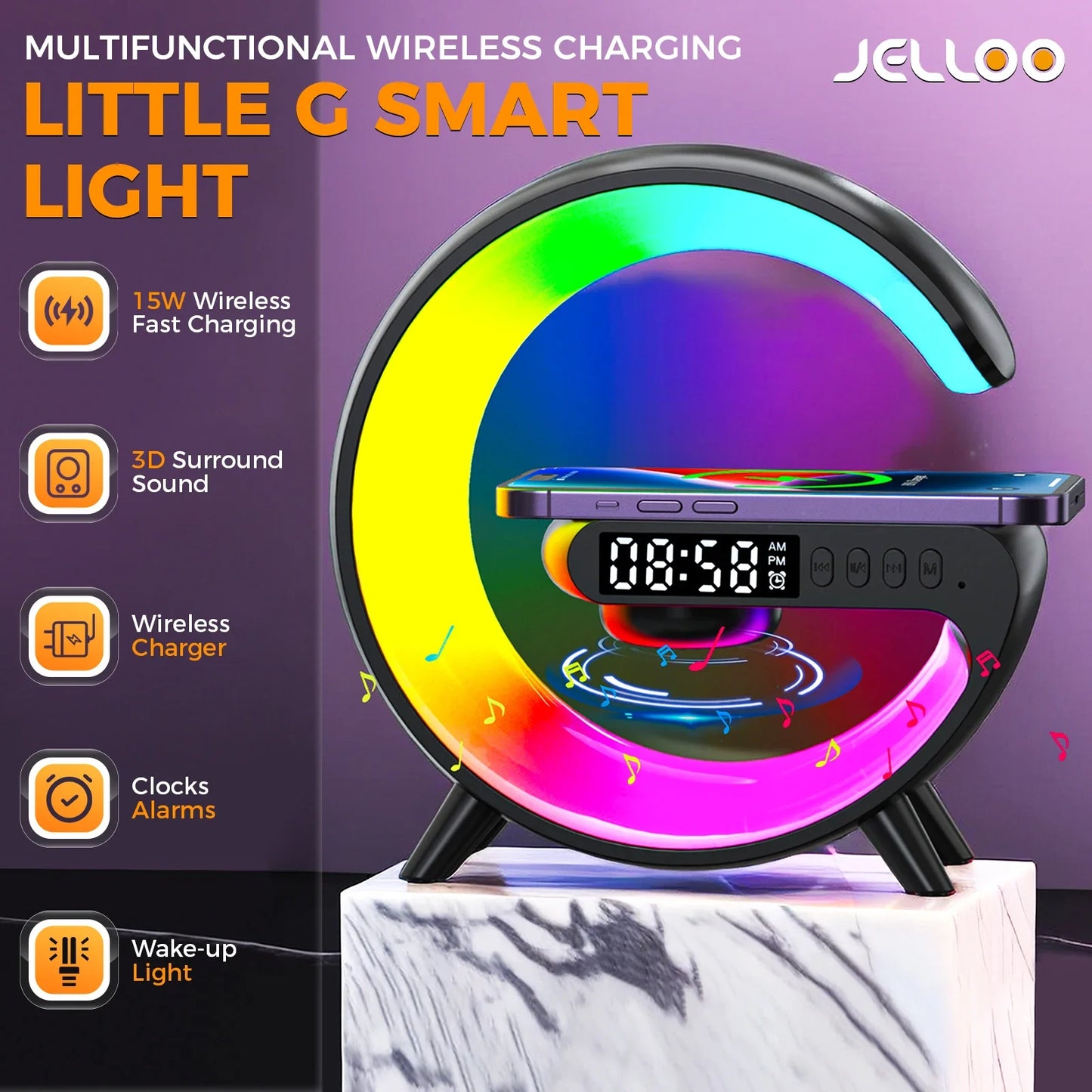 5-in-1 RGB Wireless Charging Station: LED Night Lamp, Alarm Clock & Speaker