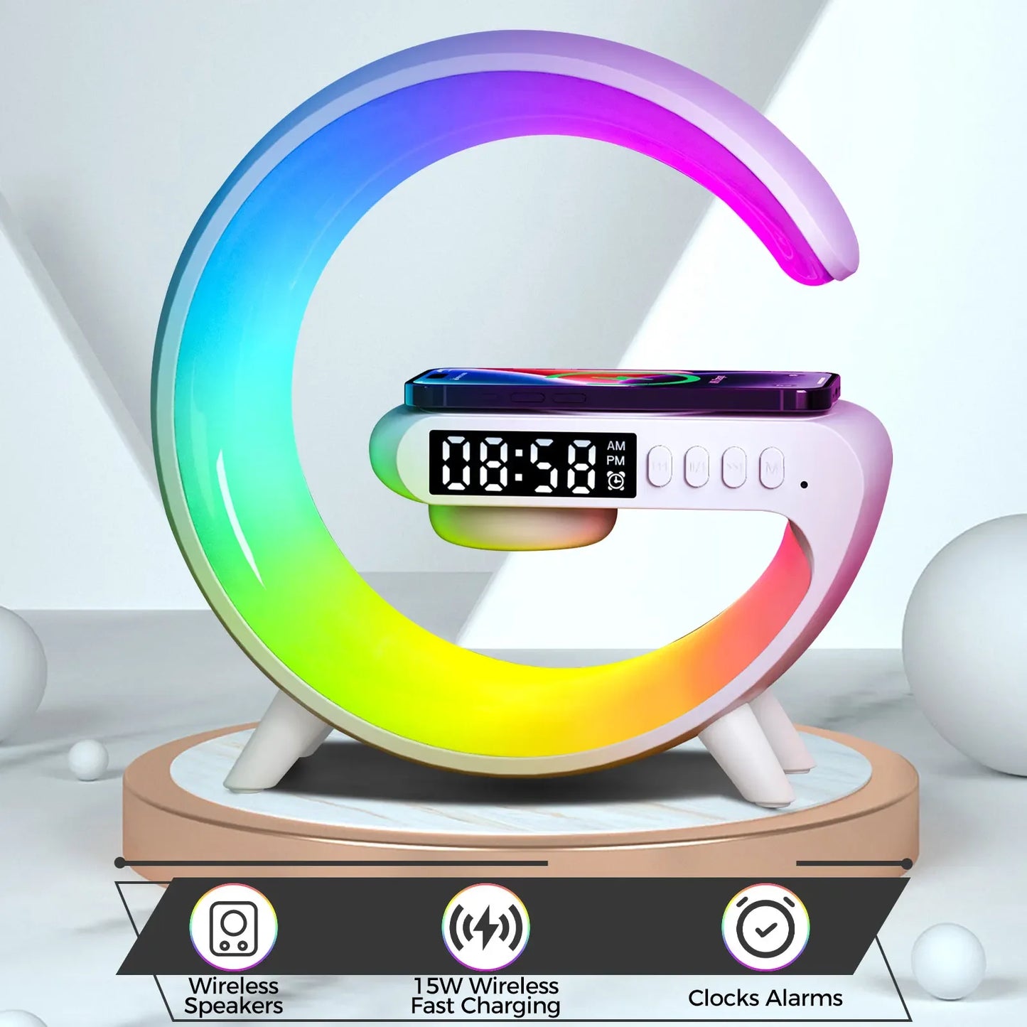 5-in-1 RGB Wireless Charging Station: LED Night Lamp, Alarm Clock & Speaker