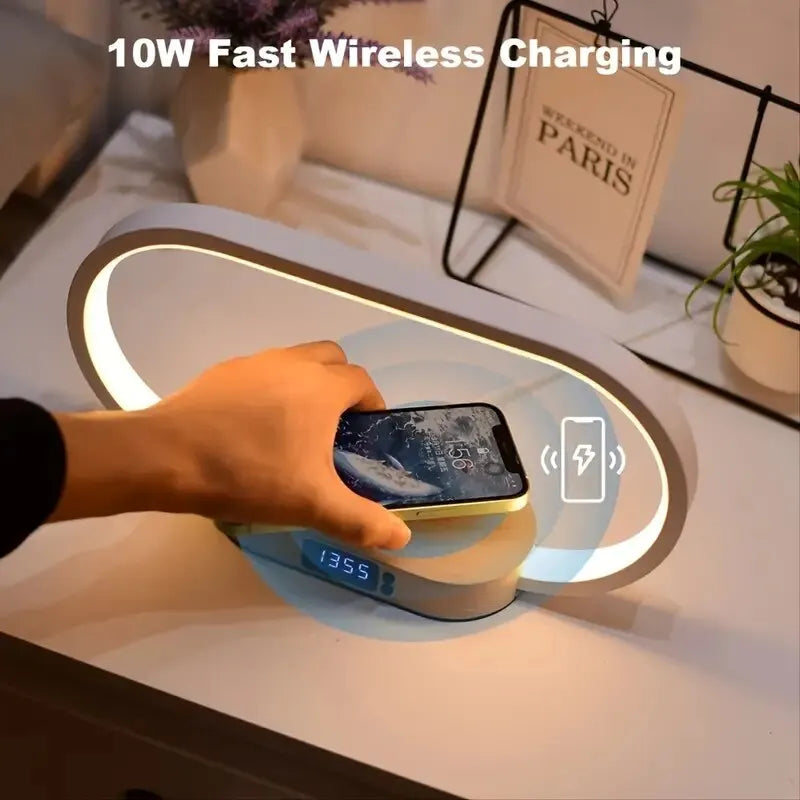 Elegant Dimmable Bedside Lamp with Wireless Charging and Clock