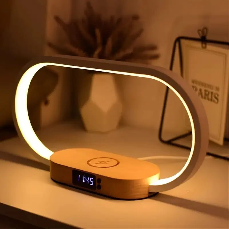 Elegant Dimmable Bedside Lamp with Wireless Charging and Clock