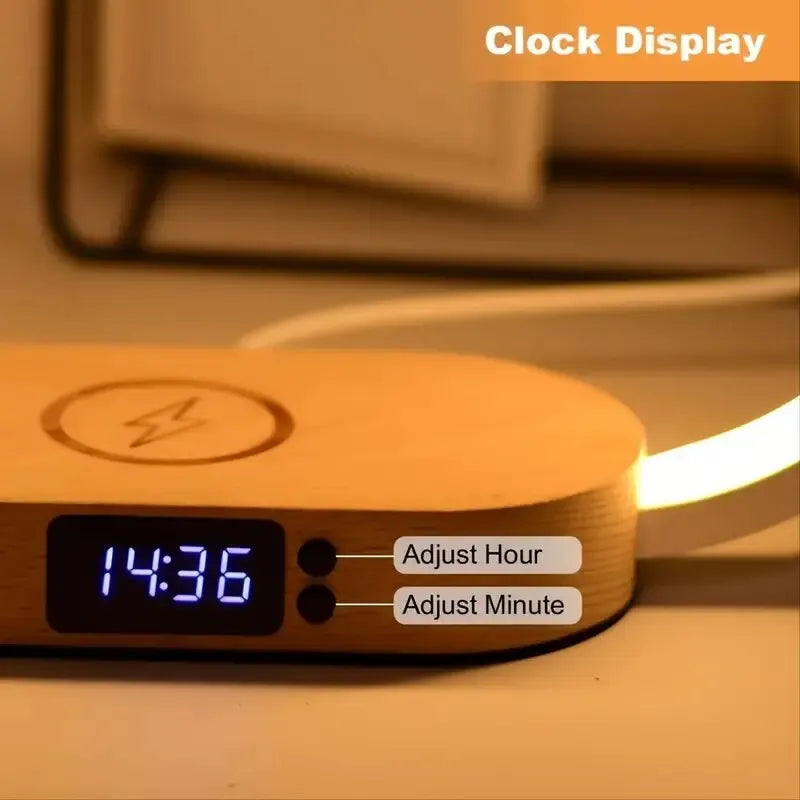 Elegant Dimmable Bedside Lamp with Wireless Charging and Clock